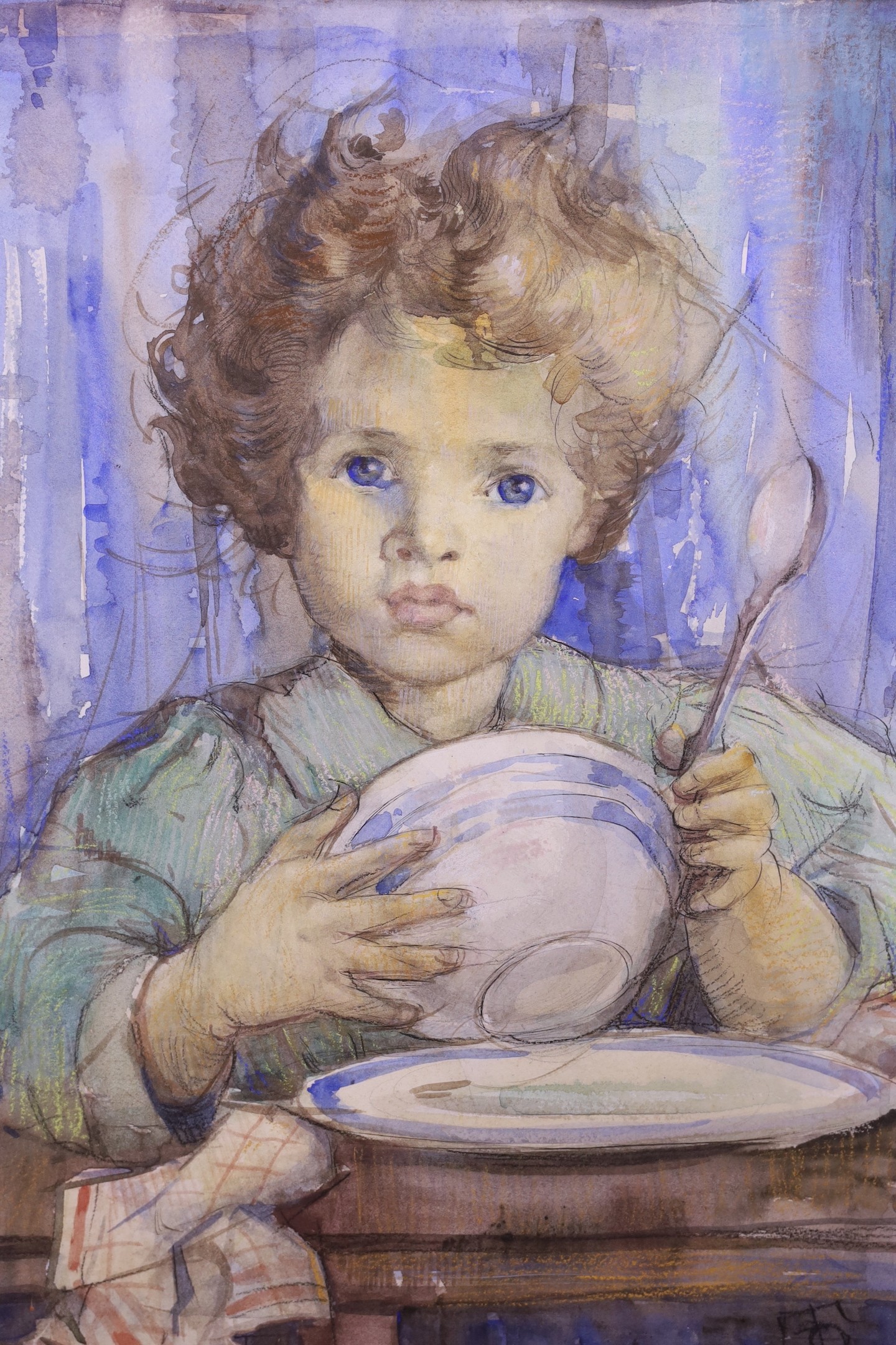 Roy Thompson, watercolour and pastel, Portrait of a child holding a bowl and spoon, monogrammed with labels verso, 45 x 38cm